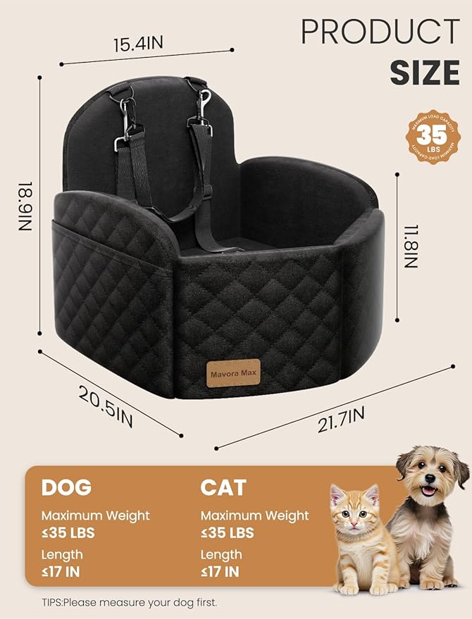 Dog Car Seat for Small/Medium Dogs, Elevated Dog Booster Seat Memory Foam Puppy Car Seat with Washable Cover, Travel Safety Pet Seat Bed for Car with Storage Pockets Up to 35 lbs (Black)