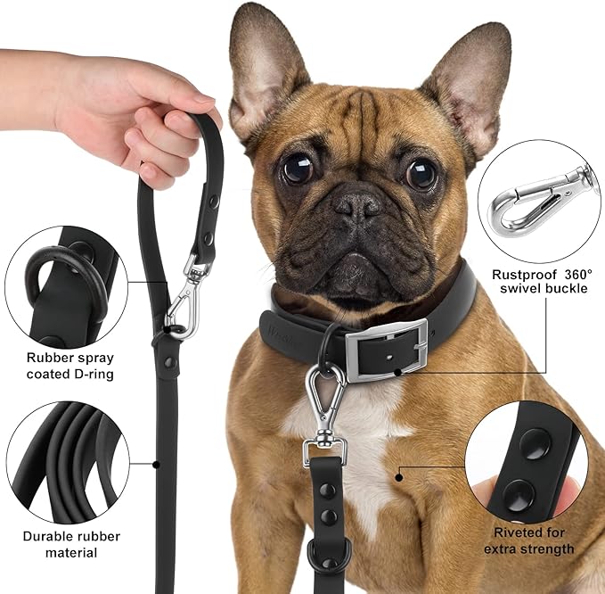 Wisedog Waterproof Dog Leash – 5ft/6ft Adjustable with 2 Hooks & Traffic Handle, Easy to Clean Double Clip Leash for Small, Medium, Large Dogs (Black S)