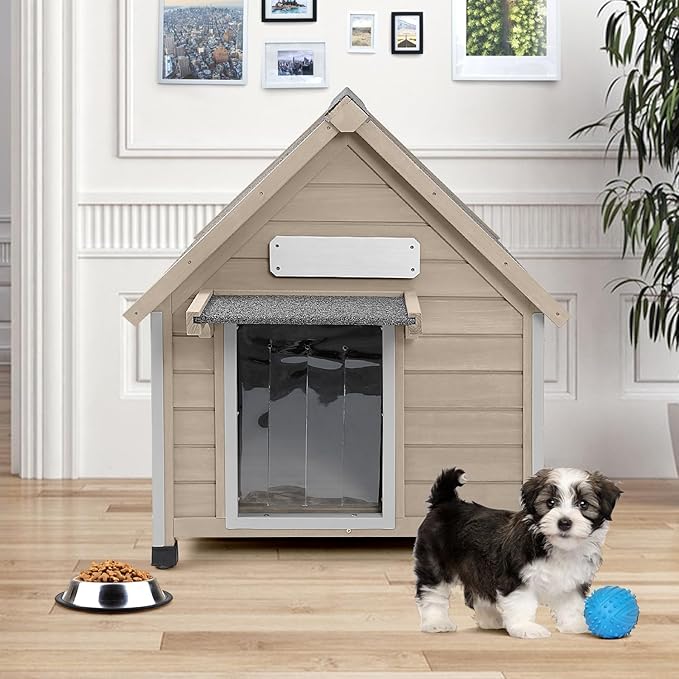 Dog House Outdoor Indoor for Small to Medium Dogs with Window, Anti-Chewing Iron Frame, Weatherproof Doghouse Kennel Puppy Shelter, Easy Clean and Assemble (32" W*26" L*32" H)