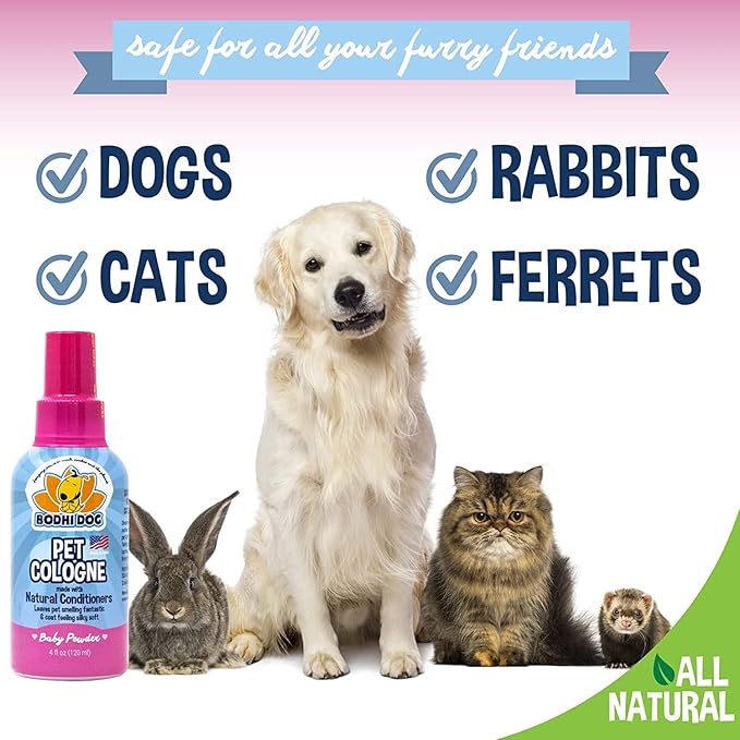 Bodhi Dog Baby Powder Scented Cat & Dog Cologne 4oz + Oatmeal Dog Shampoo & Conditioner for Pet Grooming 8oz | Moisturizing Dog Shampoo for Sensitive Skin | Deodorizing Cat and Dog Grooming Bundle