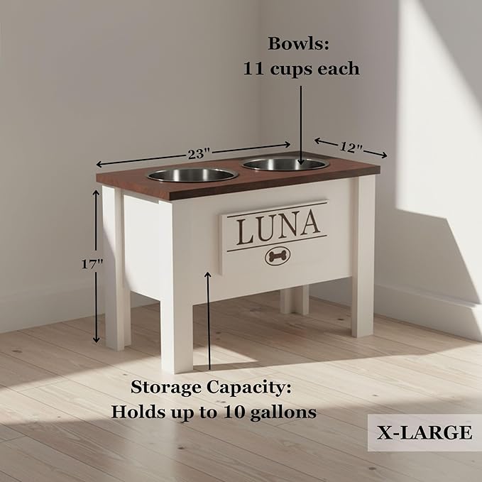 GrooveThis Woodshop - Personalized Elevated Dog Bowl Stand for Large, Medium, Small, X-Small Dogs - Stainless Steel Food and Water Bowls - Raised Dog Dish (X-Large, Brown)