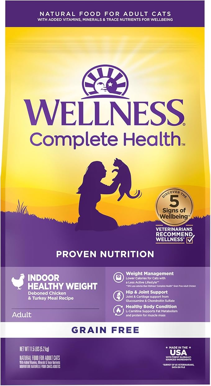 Wellness Complete Health Adult Dry Cat Food for Indoor Cats, Grain Free, Natural, Healthy Weight Chicken & Turkey Meal (11.5 Pound Bag)