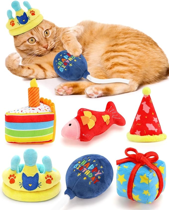 CiyvoLyeen 6Pcs Birthday Themed Catnip Toys Cat Birthday Gift Kitten Interactive Toys for Cat Lover Cake Crown Fish Soft Plush Catmint Pet Supplies Kitty Chew Kick Toys