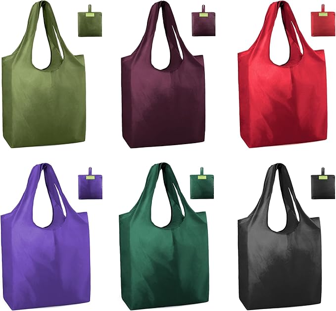BeeGreen Colorful Reusable Grocery Bags 6 Pack, Heavy Duty Totes for Women, Foldable Grocery Bag Large Shopping Totes with Handles for Work, Travel, Gift, Store, Polyester Washable Reusable Tote Bag