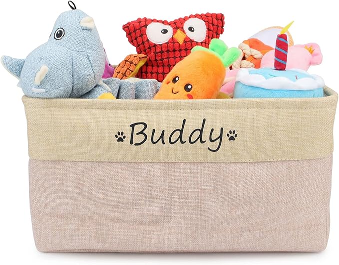 Personalized Dog Toy Box, Dog Toy Basket Storage with Cotton Handle, Customized Name and Paw Heart Print Puppy Toy Bin for Organizing Food Clothes and Pets Accessories(Heart Pink)