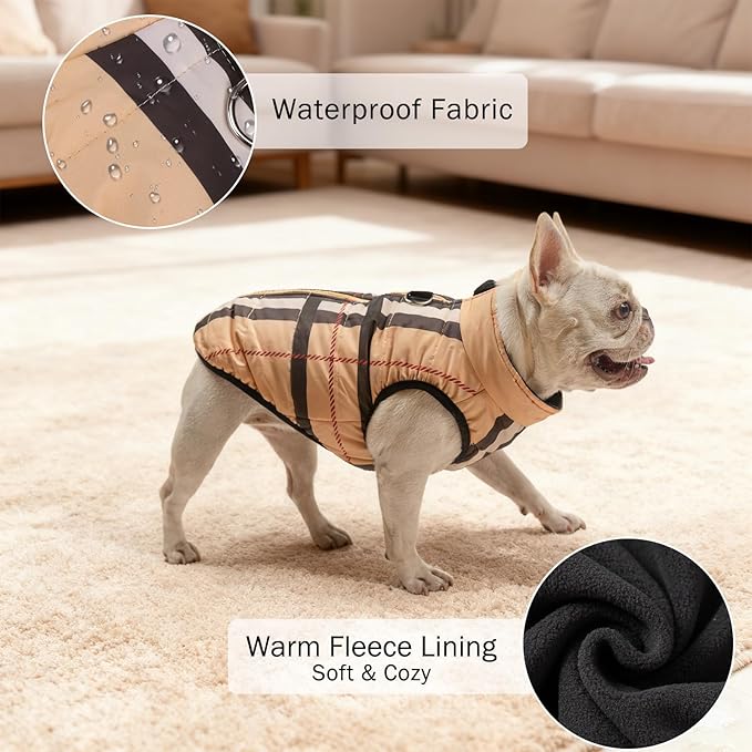 SCENEREAL Winter Dog Vest Coat with Harness Built in, Warm Puppy Jacket for Small Medium Dogs, Cold Weather Coat with Zipper, Fleece Puffer Vest Windproof Snow Clothes, Beige Plaid S