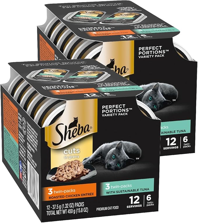 Sheba Perfect Portions Wet Cat Food Cuts in Gravy, with Sustainable Tuna, Roasted Chicken Entree, 2.6 oz. Twin-Pack Trays (6 Count, 12 Servings)