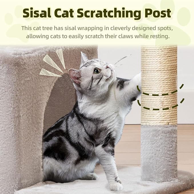 Taoqimiao Cat Tree, 32.2-Inch Cat Tower for Indoors Cats, Cat Condo with Large Cat Perch, Spacious Cat Cave, Scratching Posts for Small and Medium Cats, Light Gray MS043W