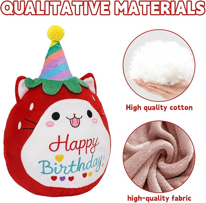 Strawberry Cat Plush Stuffed Animal Red Cat Plush Wear Birthday Hat Kawaii Stuffed Toys Soft Home Plushie Decoration Gifts for Boys Girls