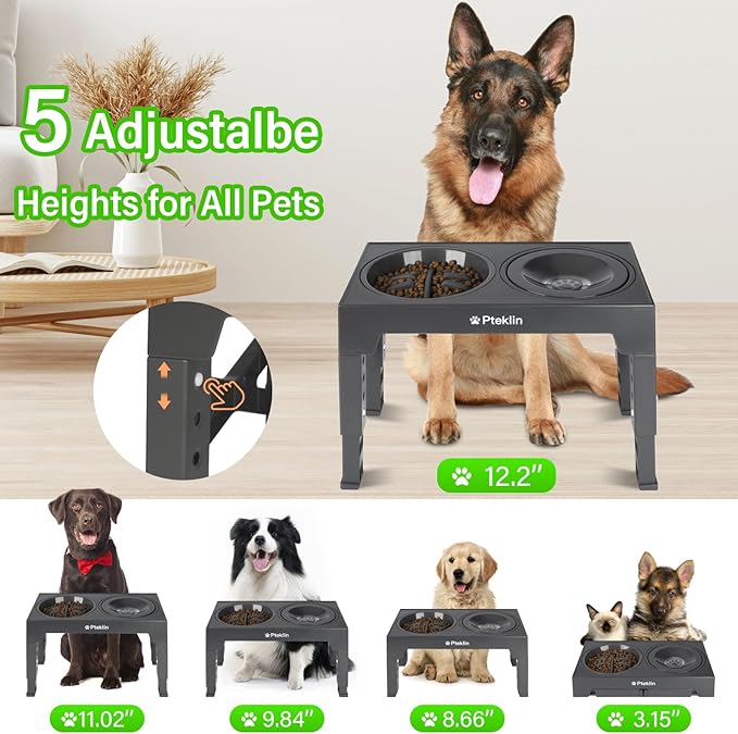 Elevated Dog Bowls, 5 Height Adjustable Raised Bowl with Anti Spill Non-Skid No Shaking Water Bowl and Slow Feeder Dog Bowls Stand for Small Medium Large Dogs