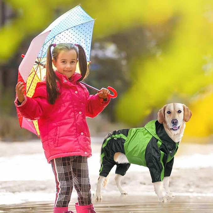 Dog Raincoat, Lightweight Rain Jacket, Adjustable 4-Legs Pet Poncho with Hood, Snow-Proof Dog Vest Rainwear, Rain Clothes Apparel with Leash Hole
