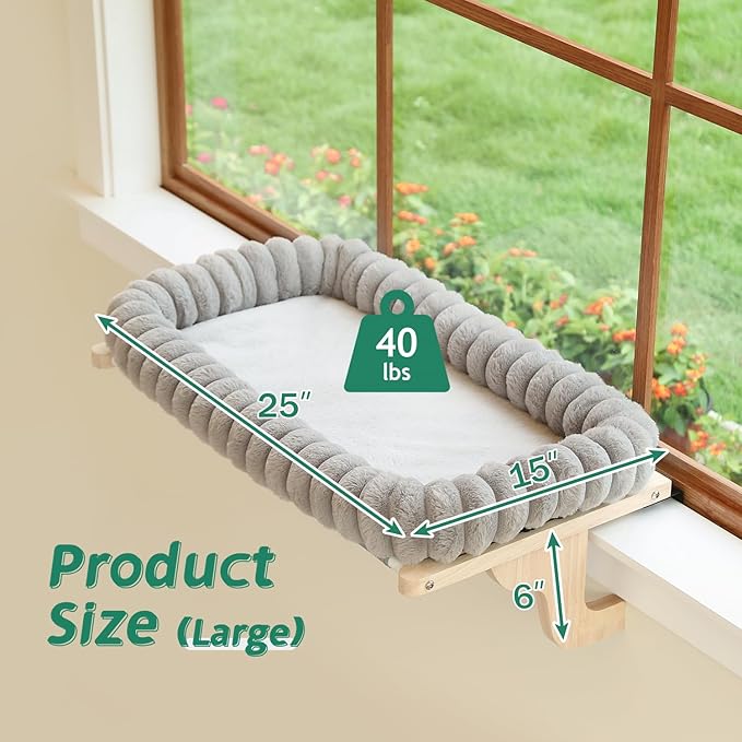 Zakkart SnugCloud Cat Window Perch with 4-Sided Bolster - Orthopedic Cat Hammock for Window Sill - Solid Hardwood & Metal Frame - Window Seat for Pets (Natural Color Wood w/Gray Bed, Large)