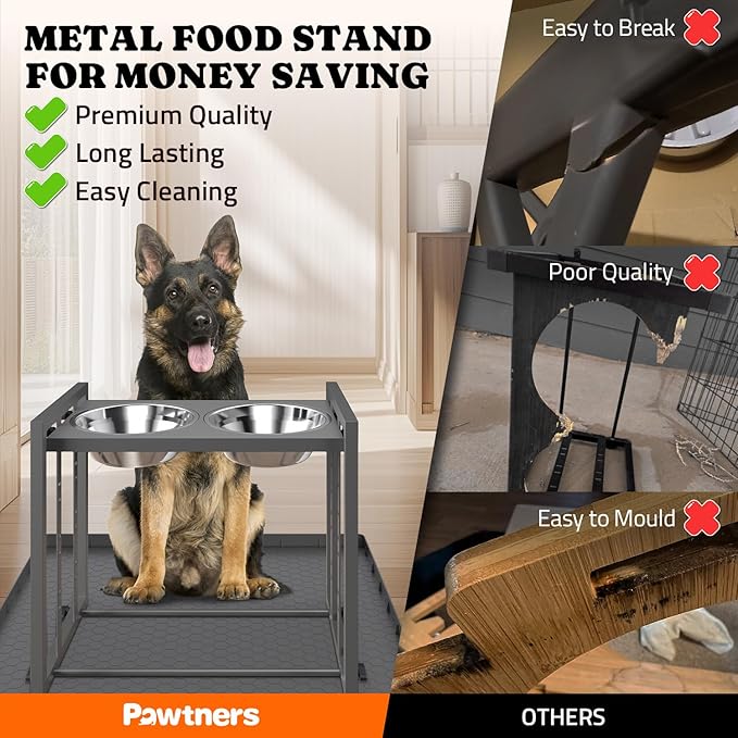 Elevated Bowls for Medium Breed: 4 Height Adjustable Raised Bowl with Metal Stand, Feeder Station with 2 Stainless Steel Bowls for Small Medium and Large Size Dogs, Grey with Feeding Mat
