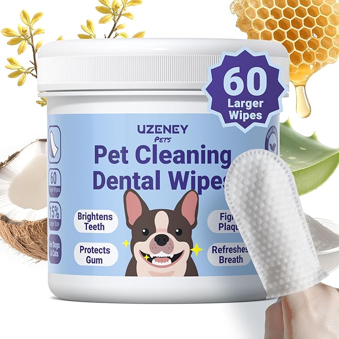 Pet Teeth Cleaning Wipes for Dogs&Cats, 60 pcs Dental Finger Wipes, Larger Sized, Plant Extract Ingredients Refresh Breath & Control Plaque & Protect Gum, Dog Tooth Brushing Kit, Unscented