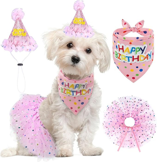 SCENEREAL Dog Birthday Bandana with Hat and Dress Girl Set, Puppy Birthday Party Supplies, Cute Pink Tutu Skirt Outfit for Small Medium Large Dogs