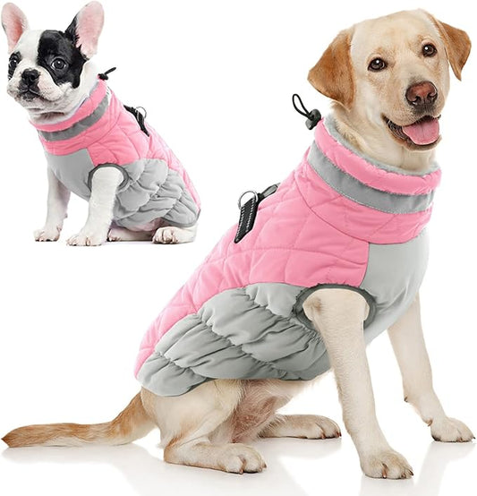 AOFITEE Dog Coat, Warm Dog Winter Coat, Reflective Cold Weather Dogs Puffer Jacket with Harness Built in, Waterproof Pet Fleece Vest Snowsuit for Small Medium Large Dogs, Pink L