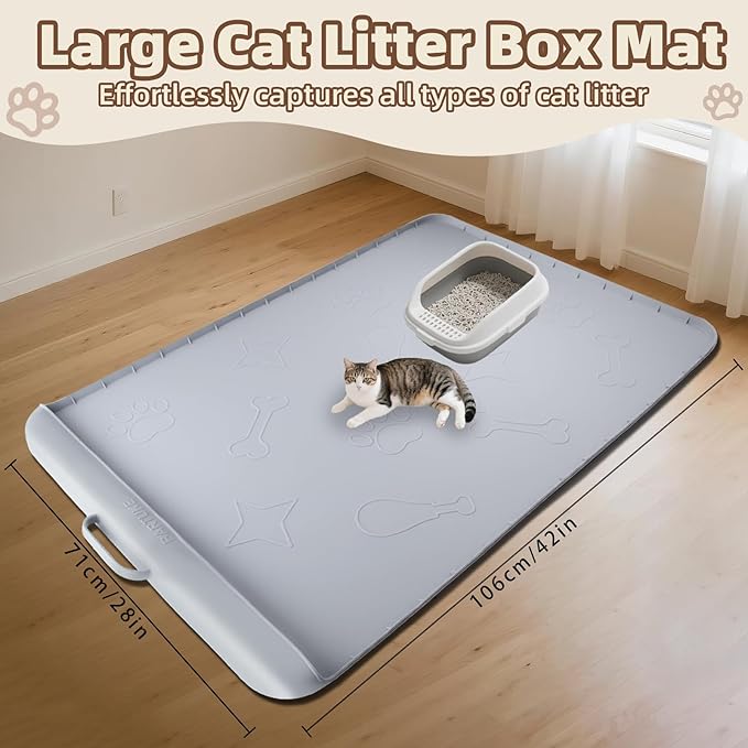 Silicone Cat Litter Mat with Collection Pocket, 42" x 28" Large Cat Litter Box Mat Waterproof Anti-Slip Litter Trapping Mat with Edge and Handle Pet Placemat for Floors (Light Grey)