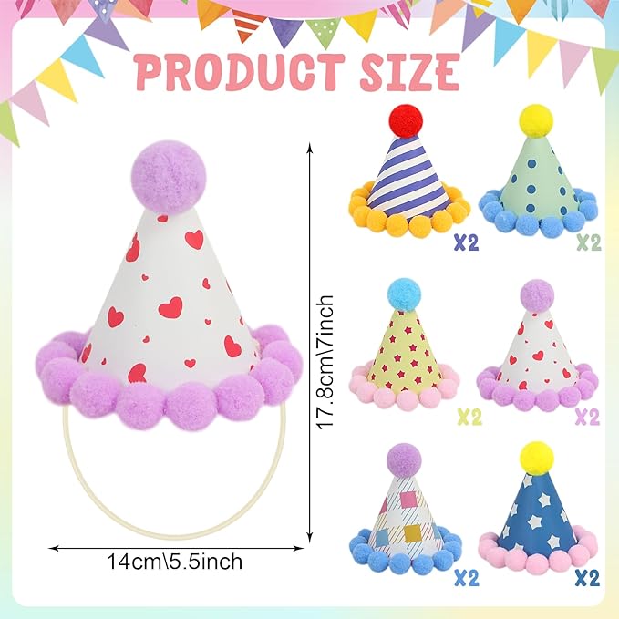 12 Pack Mini Party Hats for Stuffed Animals, Mini Hats with Pom Poms Dog Birthday Party Hats for Dolls Dog Cat Pet Birthday Decoration