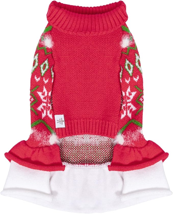CuteBone Fancy Christmas Dog Sweater Dress, Soft and Stretchy Dog Clothes for Small Medium Dogs Girl, Christmas Snowflake Red Puppy Sweater Pullover Ruffle Dress Pet Outfit Cat Apparel