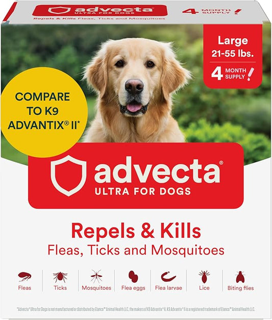 Advecta Ultra Flea and Tick Prevention for Dogs - Large Dog Flea and Tick Treatment & Control - Mosquito Repellent - Fast Acting Waterproof Topical Drops, 4 Month Supply