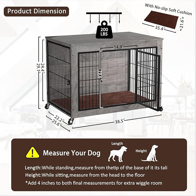 Dog Crate Furniture with Cushion,38" Wooden Dog Crate nightstand with Double Doors, Grey Kennel Indoor with Wheels, Decorative Pet House for Medium Large Dog