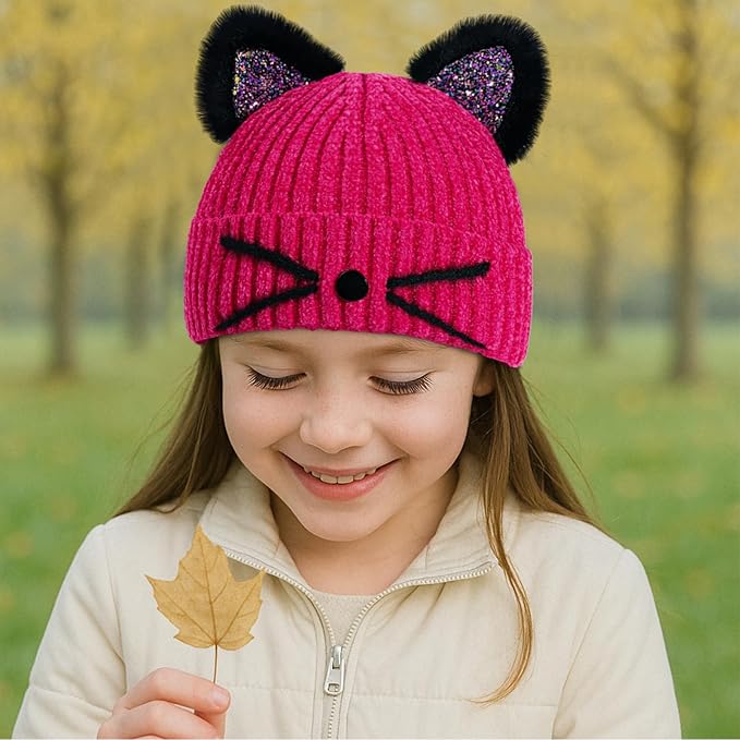 Kids Girls Cat Ear Hat Winter Warm Knit Beanie Cute Ski Skull Cap for Ages 7-12