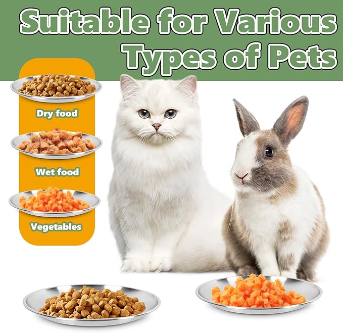 4-Pack Stainless Steel Cat Food Bowls, Shallow Whisker-Friendly Non-Slip Silicone Base Metal Dishes, Easy to Clean Indoor Feeding Flat Plates for Cat, Kitten, Small Dog (6.7")