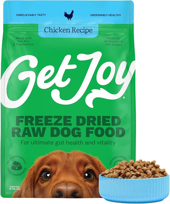 Get Joy Freeze Dried Raw Chicken Dog Food, High Protein Grain Free Meal, Topper & Treat, Gut Health Support with Probiotics, Small to Large Breed, 32oz Bag