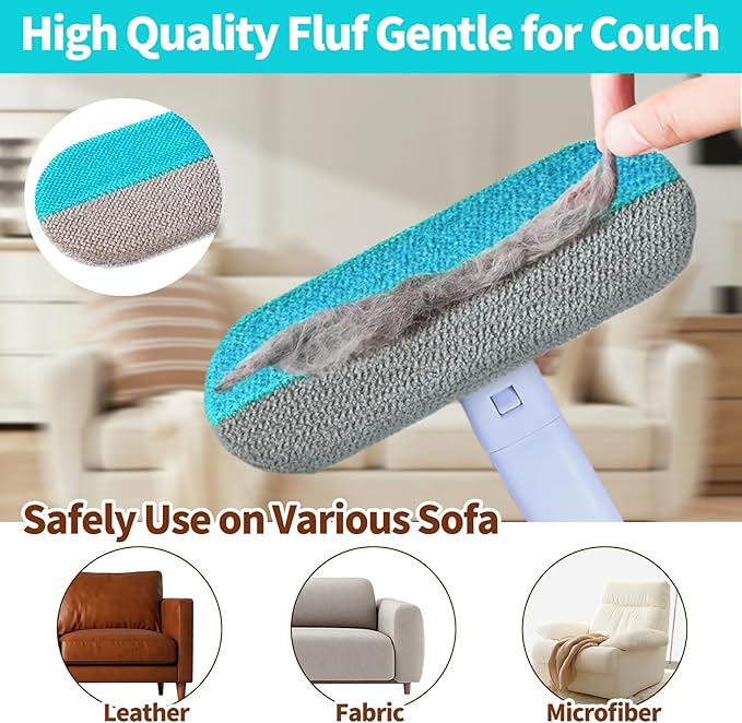 Pet Hair Remover Brush - Reusable Multifunctional Pet Hair Removal Tool for Furniture, 4 in1 Cat and Dog Hair Removal, 17.3Inch Adjustable Long Handle, Gentle on Couch Carpets Bedding (1 Set)