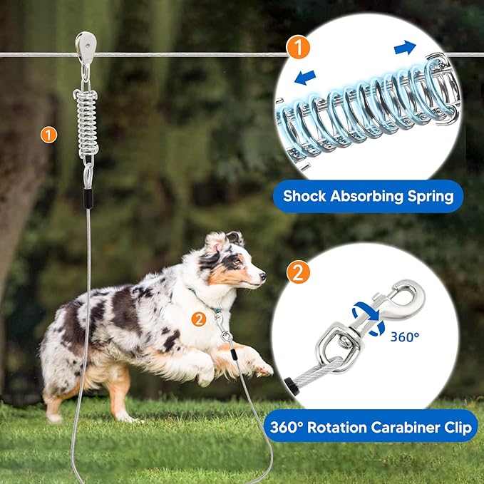 100FT Dog Runner for Yard with 10FT Tie Out Cable - Heavy Duty Trolley System for Large Dogs Up to 250LBS, Backyard/Park/Camping Use (Silver, 100FT+10FT)