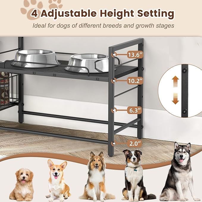 Elevated Dog Bowls, Raised Dog Bowl Stand with Dog Toy Bin Basket Dog Food and Water Bowl Feeding Station, Lifted Dog Bowl Holder Cabinet with Pet Storage Organizer for Large Medium Small Dogs