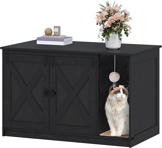 Cat Litter Box Enclosure, Hidden Litter Box Cabinet Furniture with Bell, Indoor Cats House, Farmhouse Style, 39.4 x 21.7X 24.8 Inches for Hallway, Bedroom, Black CB85204X