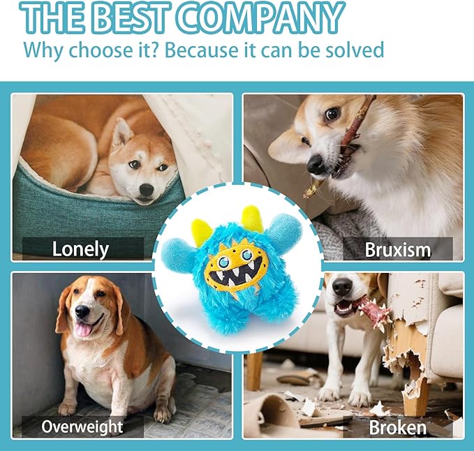 Plush Squeaky Dog Toy Ball, Chew Guard, Soft and Comfortable, Training and Companionship, Little Monster Puppy Toys Suitable for All Breeds, (Blue, Small)