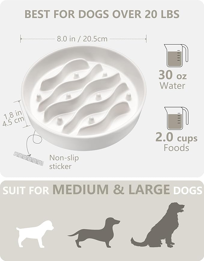 Ceramic Slow Feeder Dog Bowls for Medium and Large Dogs, 2.0 Cups Dog Slow Feeder for Fast Eater, 30oz, 8in, White