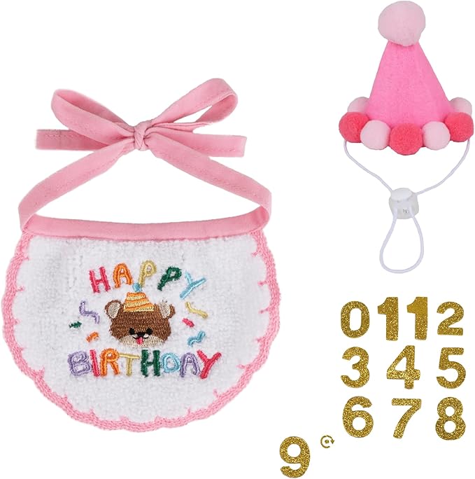 PTDECOR Cat Birthday Party Supplies, Pink Hat with Numbers Cat Bandana Pet Decorations for Kitten Birthday Outfits (Pink)
