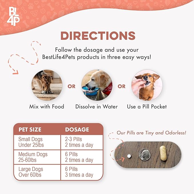 BestLife4Pets Dog Skin & Coat Soothing Formula – Helps with Persistent Itching, Dryness, Hair Loss & Irritated Skin, 800 Natural Odorless Pills