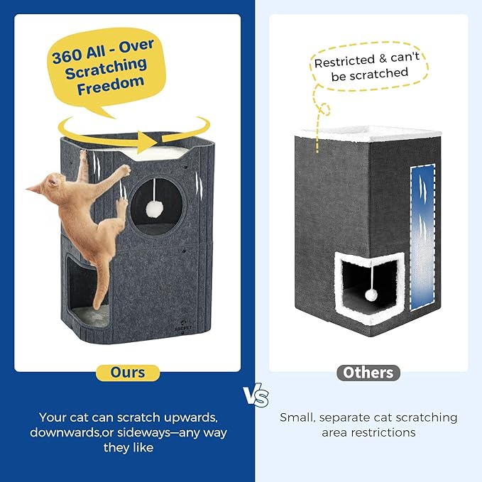 Cat House for Indoor Cats Cat Bed Cave 2-Storey Cats Condo with Cozy Felt Covered Hideaway for Multiple Pets Dark Grey