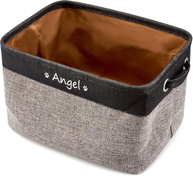 Personalized Dog Toy Bin , Foldable Dog Toy Basket Storage with Handles , Customized Name and Paw Print Pet Toy Box for Organizing Food Clothes Blanket and Pets Accessories(Black Gray)