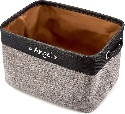 Personalized Dog Toy Bin , Foldable Dog Toy Basket Storage with Handles , Customized Name and Paw Print Pet Toy Box for Organizing Food Clothes Blanket and Pets Accessories(Black Gray)