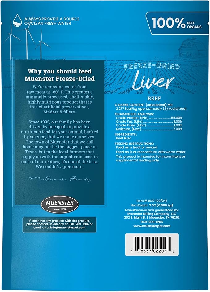 Muenster Freeze Dried Beef Liver Bites - Dog Treats, Mixer or Topper (3oz) - One Ingredient