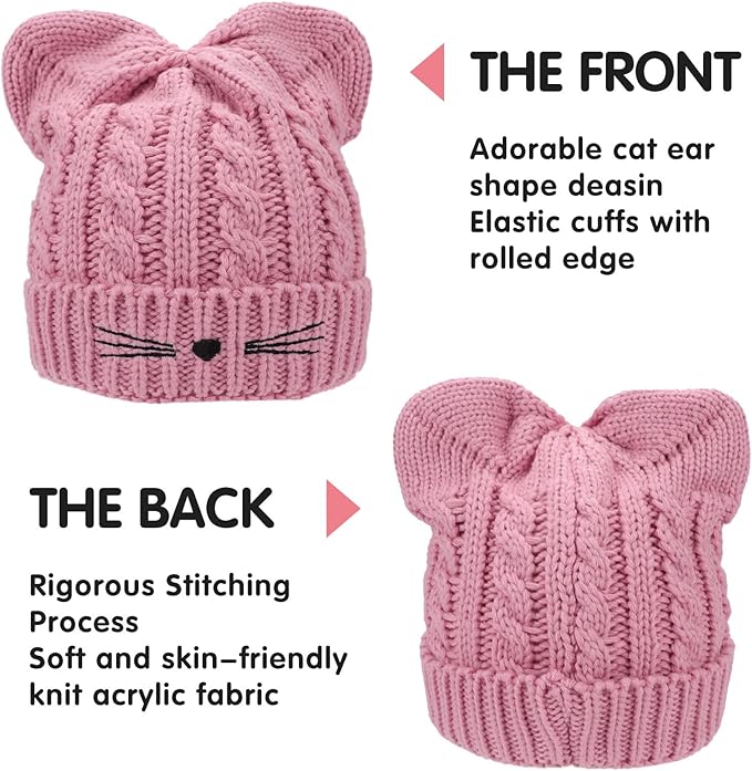 Kids Girls Cat Ear Hat Winter Warm Knit Beanie Cute Ski Skull Cap for Ages 7-12