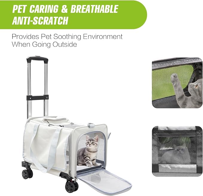 Pet Carrier with Wheels - Soft-Side Wheeled Cat Carrier for Dogs with Telescopic Handle, Collapsible Rolling Pet Travel Bag Carrier for Large Cats Small Medium Dogs for Camping Vet Visiting Beige