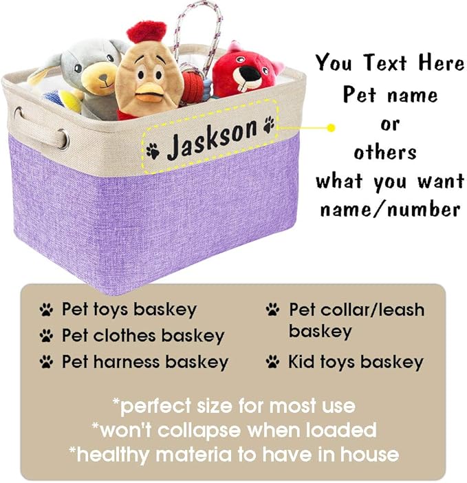 PET ARTIST Collapsible Dog Toy Storage Basket Bin with Personalized Pet's Name - Rectangular Storage Box Chest Organizer for Dog Toys,Dog Coats,Dog Clothing,Dog Apparel & Accessories,Purple