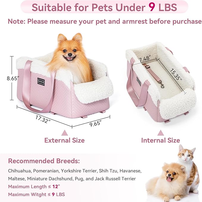 PETSFIT Cat Car Seat, Portable Console Dog Car Seat with Safe Protective Hooks, Luxury Pet Car Seat Includes Safety Leash and Storage Pocket for Pets Up to 9 lbs (Pink)