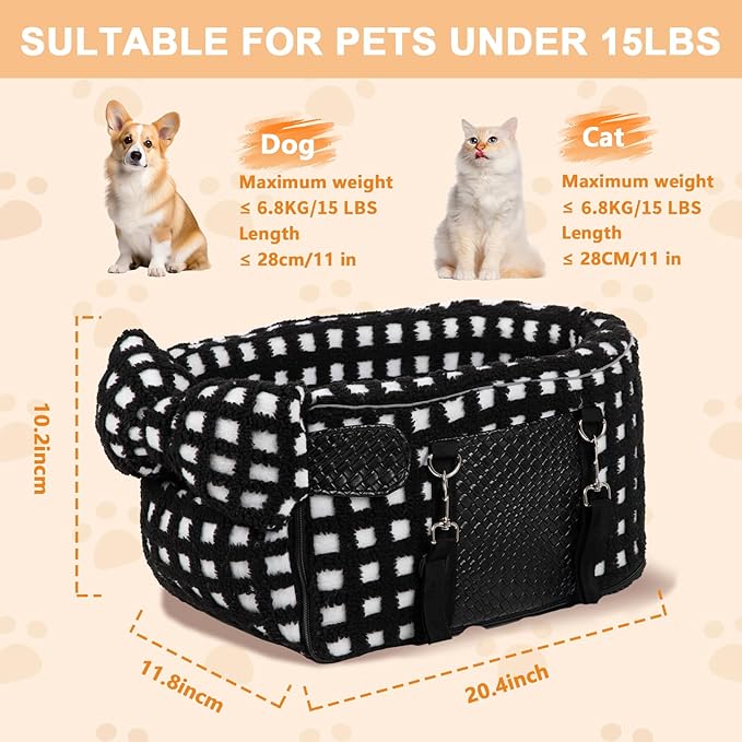 Dog Car Seat for Small Dogs, Center Console Dog Car Seat, Comfortable Pet CarSeat, Portable Pet Booster Seats with Safety Belt and Soft Cushion, Puppy CarSeats for Dogs & Cats Under 15 lbs