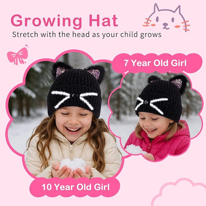 Kids Girls Cat Ear Hat Winter Warm Knit Beanie Cute Ski Skull Cap for Ages 7-12
