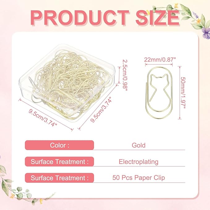 PATIKIL 50 Pcs Cat Shape Paper Clip, Metal Cute Small Paper Clamp Clips for Office Supplies Craft Scrapbook Document Note Sorting, Electroplating, Gold