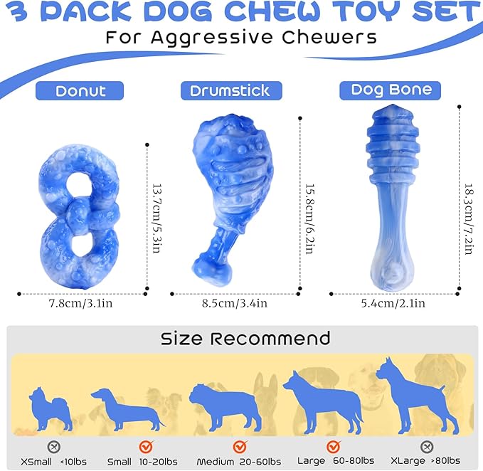 WinTour Dog Chew Toys for Aggressive Chewers 3 Pack, Indestructible Dog Toy to Keep Them Busy, Tough Dog Toys for Aggressive Chewers for Small, Medium and Large Breeds, Bacon Flavor, Blue