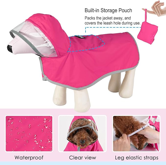 Lukovee Dog Raincoat, Adjustable Dog Rain Jacket with Clear Hooded Double Layer for Large Medium Small Dogs Puppies, Waterproof Rain Coat Poncho with Reflective Storage Pocket & Rim (Fuchsia,XXL)