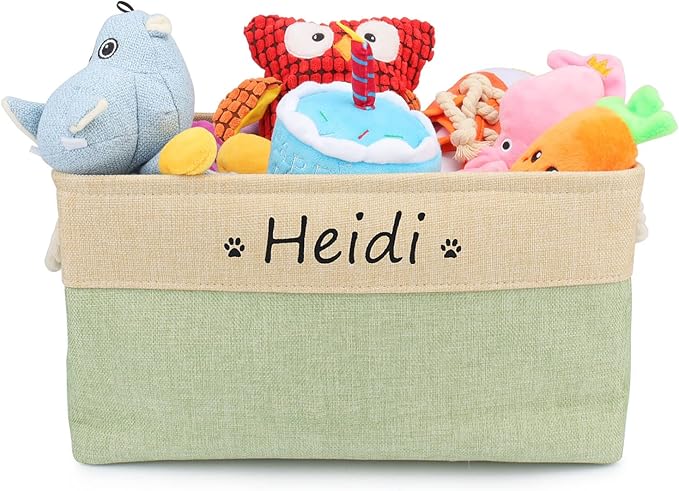 Personalized Dog Toy Box, Dog Toy Basket Storage with Cotton Handle, Customized Name and Paw Heart Print Puppy Toy Bin for Organizing Food Clothes and Pets Accessories(Paw Green)